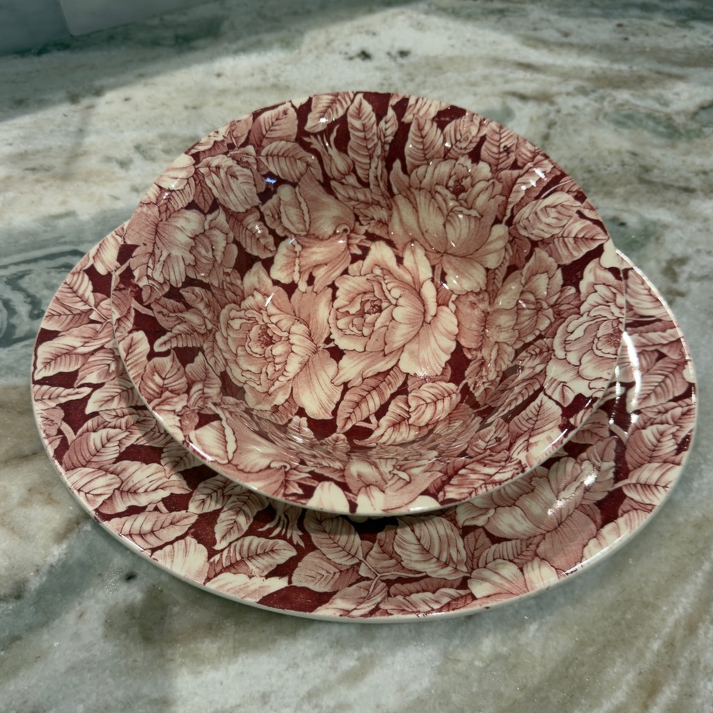 Myott Son Bermuda Pink 9” Serving Bowl 13” Serving Platter England Set of 2 - Picture 2 of 7